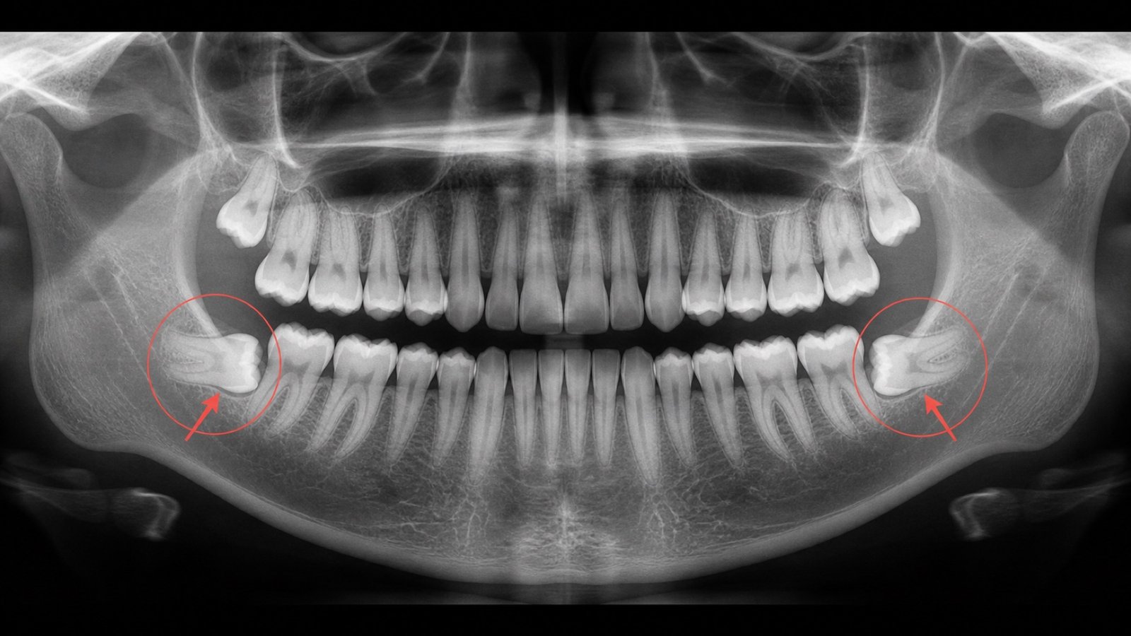 Educational panoramic X-ray illustration with two impacted lower wisdom teeth highlighted