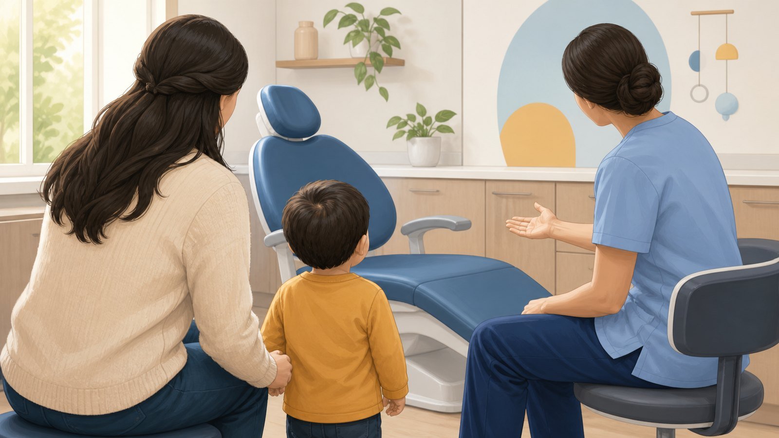 Caregiver and young child meeting a dentist in a child-friendly exam room.