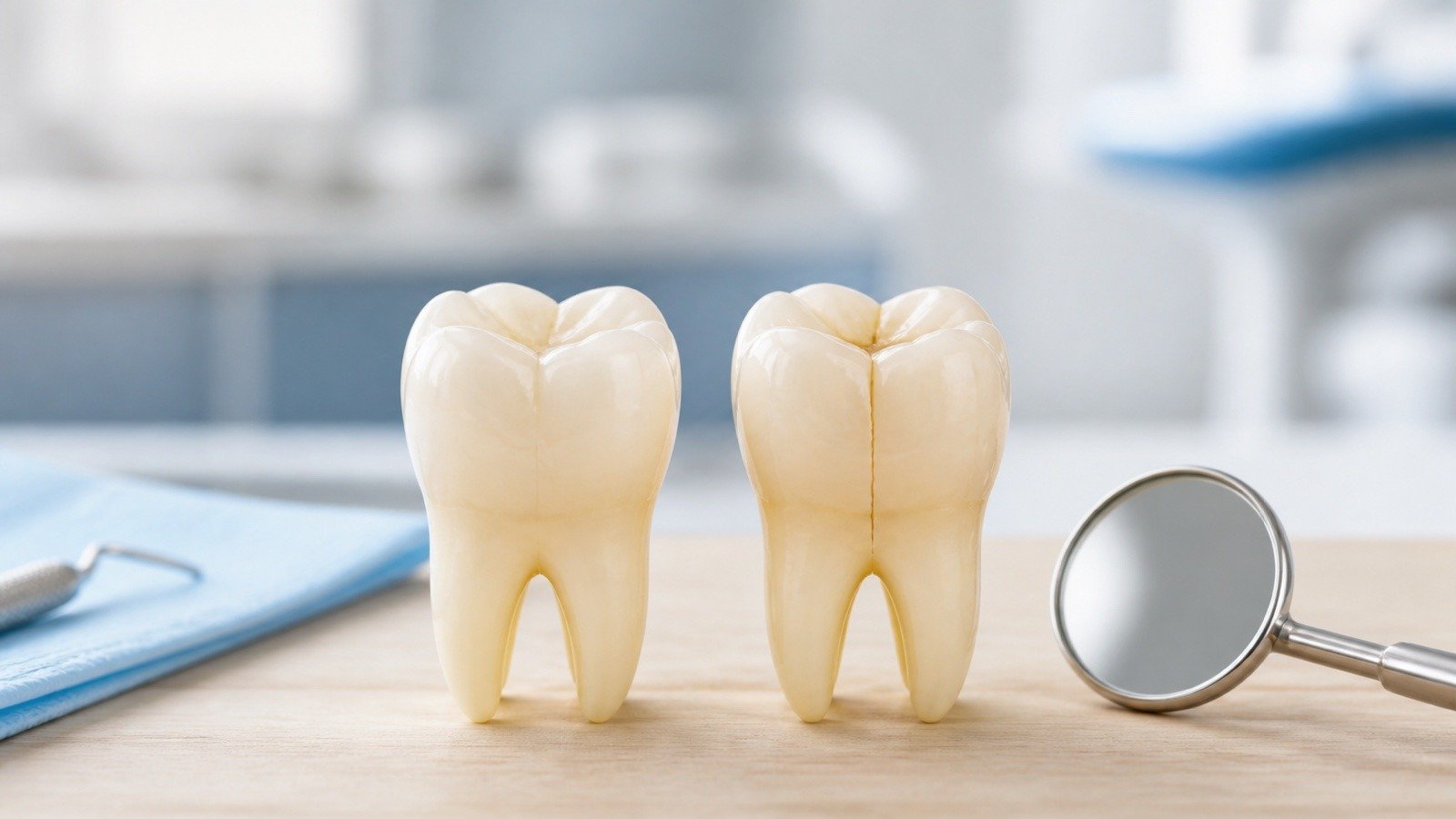 Dental tooth models comparing a fine enamel craze line with a deeper cracked tooth