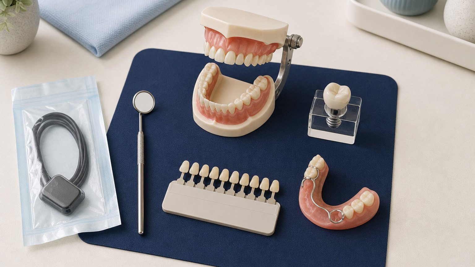 Dental models, crown, partial denture, shade guide, mirror and X-ray sensor arranged for treatment planning