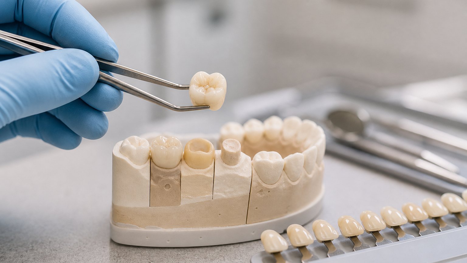 Ceramic dental crown, tooth model and shade guide used in treatment planning