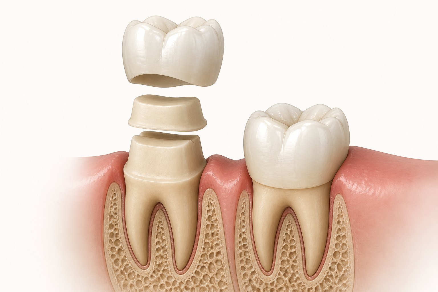 Educational illustration showing a prepared tooth, core buildup and final dental crown as separate components