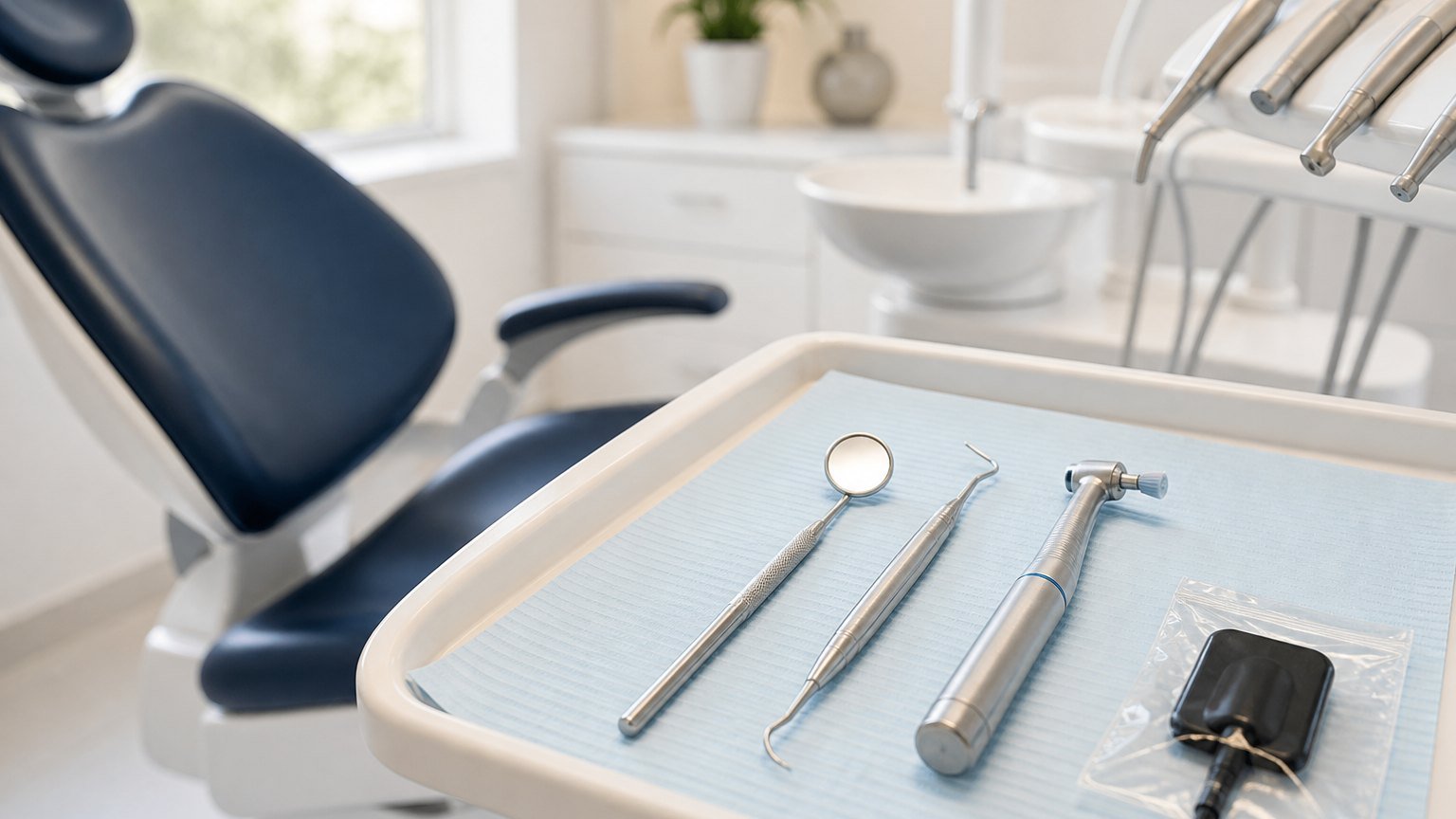 Dental exam, cleaning and X-ray instruments prepared in a modern operatory