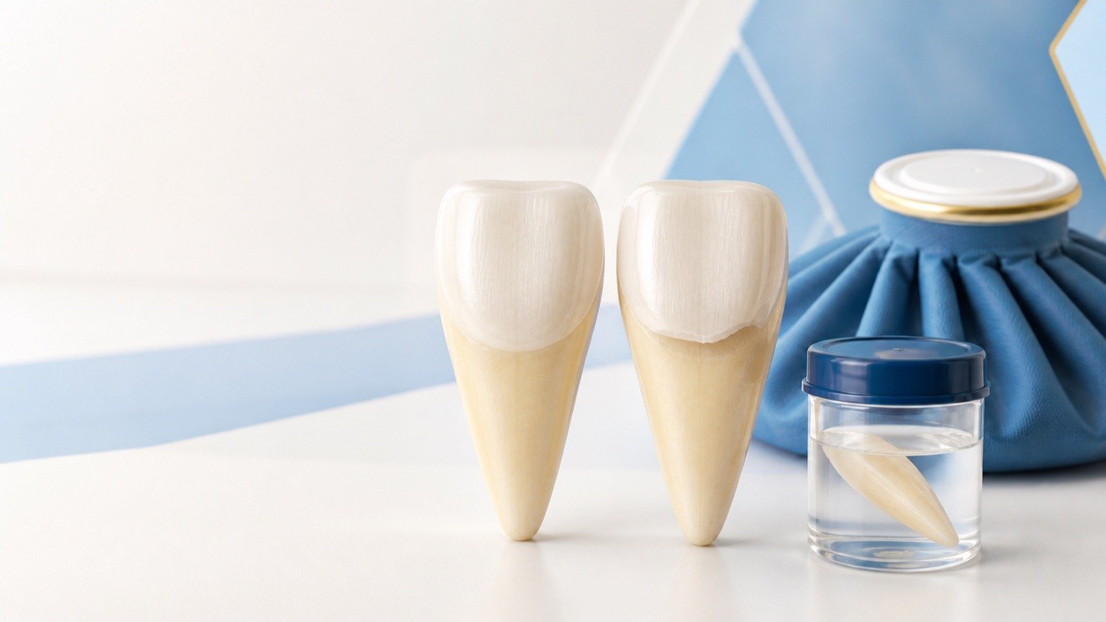 Illustration of an intact tooth, a chipped tooth, and a knocked-out tooth kept moist for emergency dental care