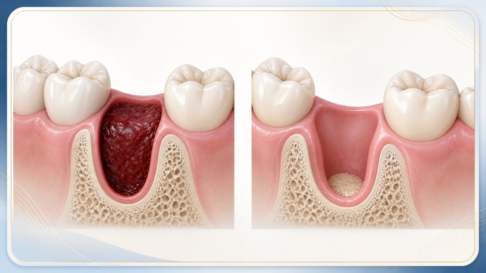 Clinical illustration comparing a healing extraction socket with a protective blood clot and a dry socket.