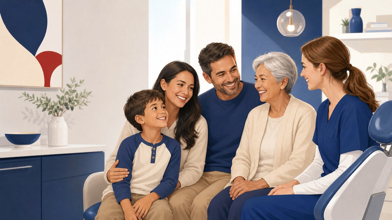 Illustration of multigenerational family dental care