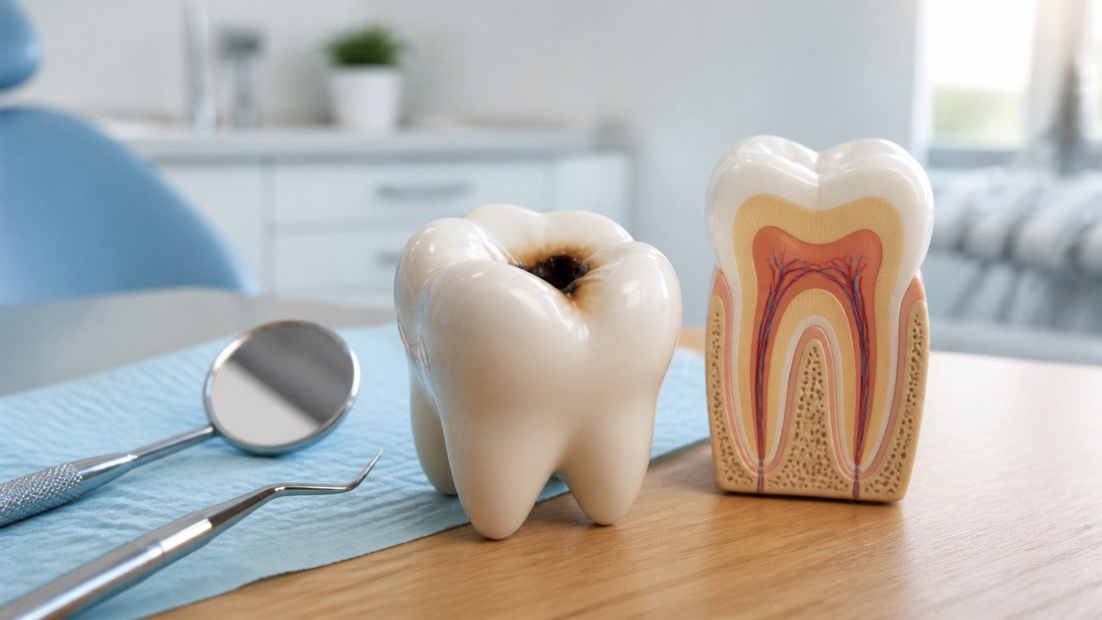 Dental molar model with a cavity beside a tooth anatomy model in a Denver dental office