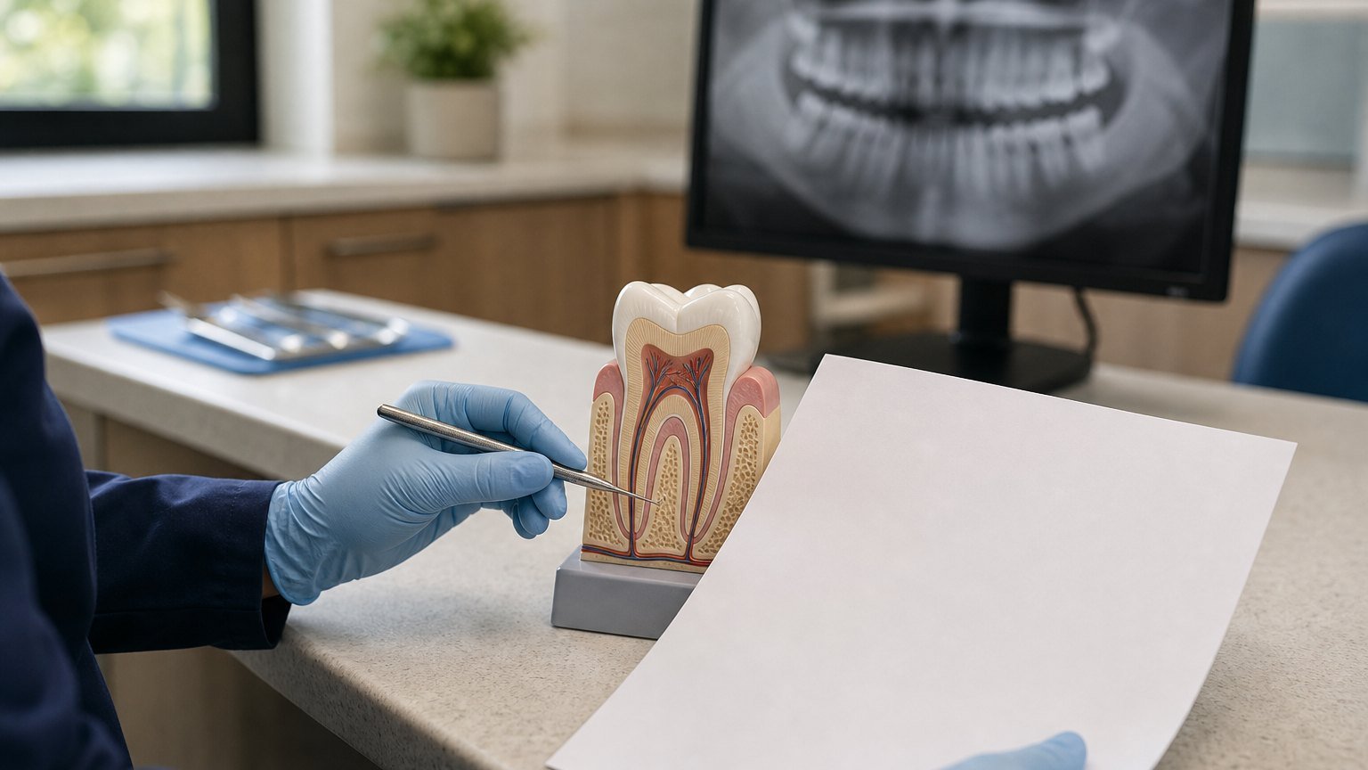 Dental professional reviewing a tooth model and dental image for root canal planning