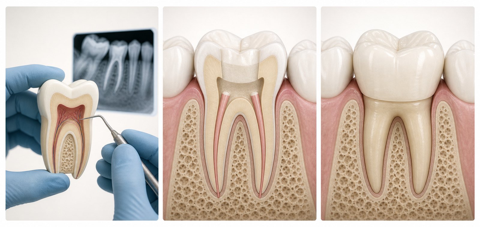 Educational illustration of examination, root canal treatment and final tooth restoration stages