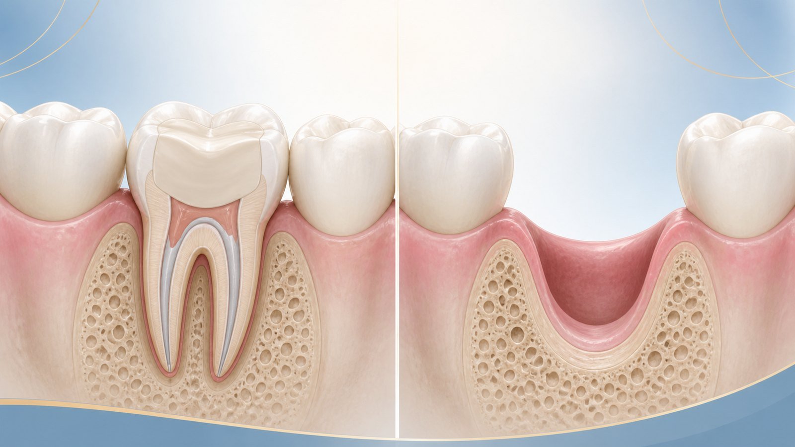 Clinical illustration comparing a tooth preserved after root canal treatment with removal of a tooth.