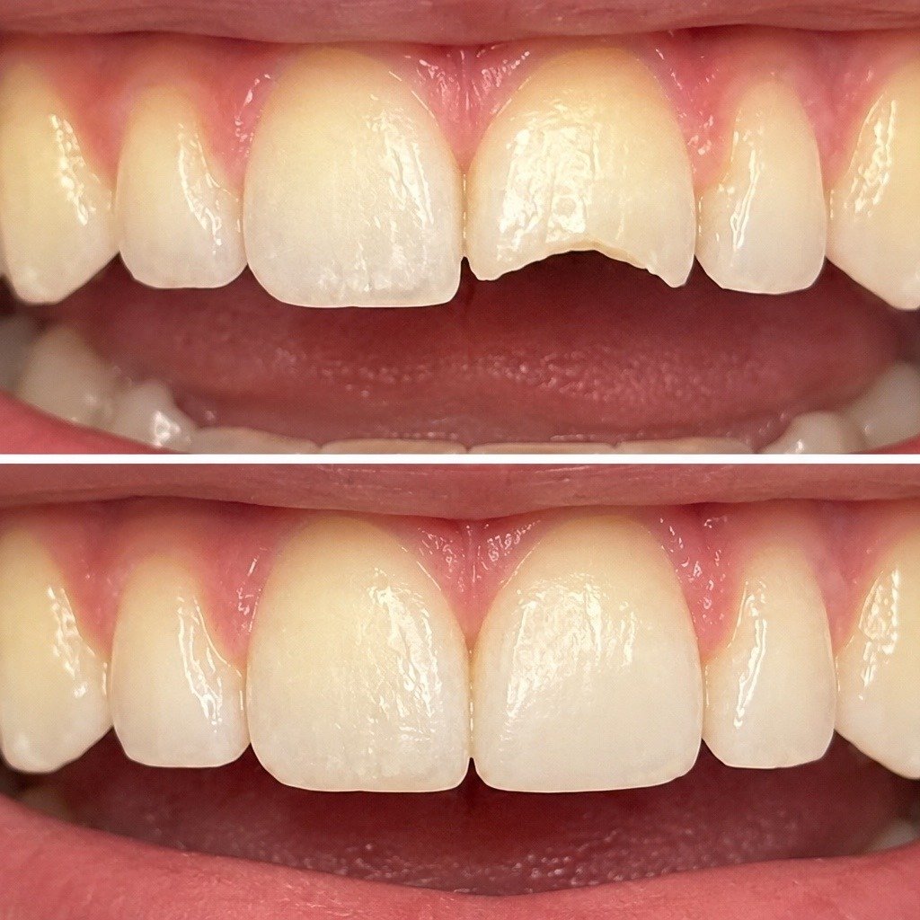 Before-and-after close-up showing a chipped upper front tooth above and its restored contour below