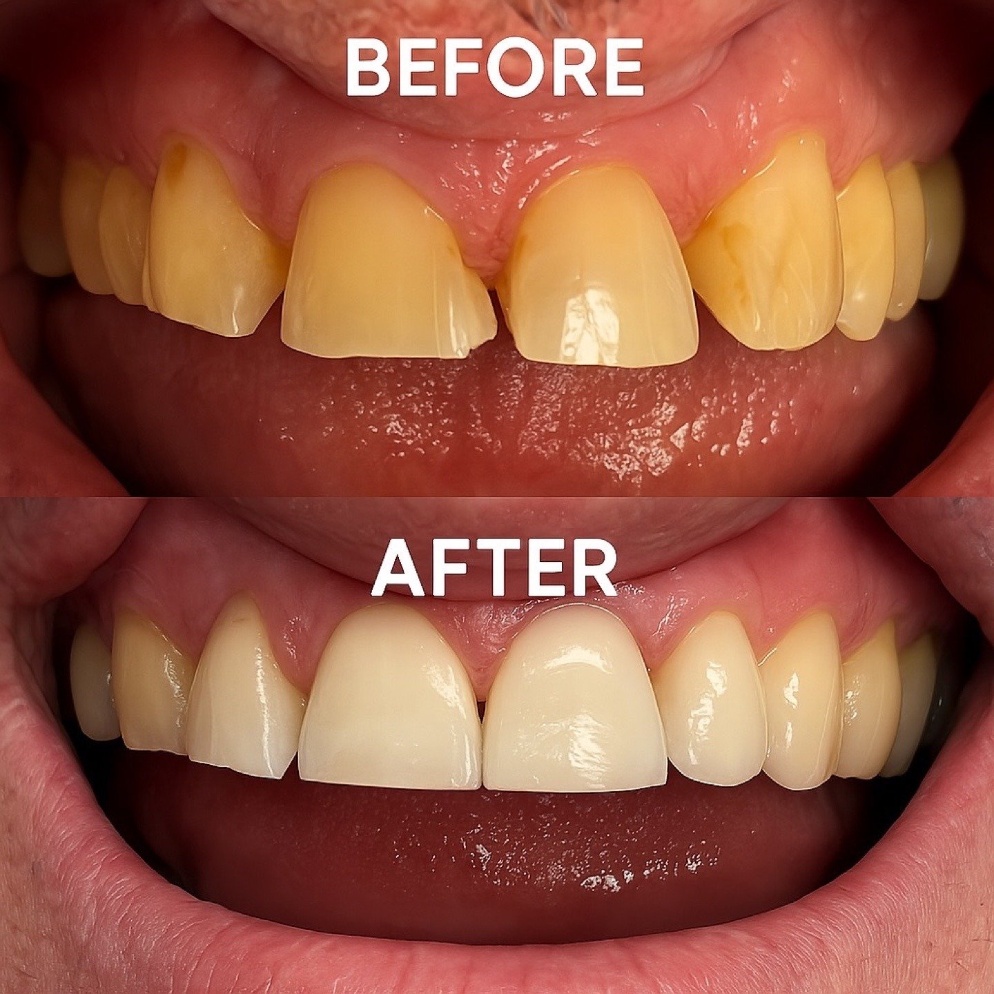 Before and after front-smile photographs showing improved tooth shape and proportion by Dr. Florina Menina