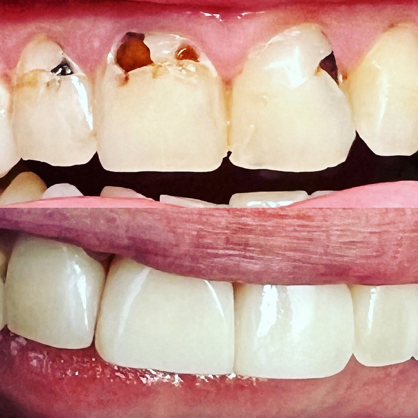 Before and after close-up of visibly damaged upper front teeth restored by Dr. Florina Menina