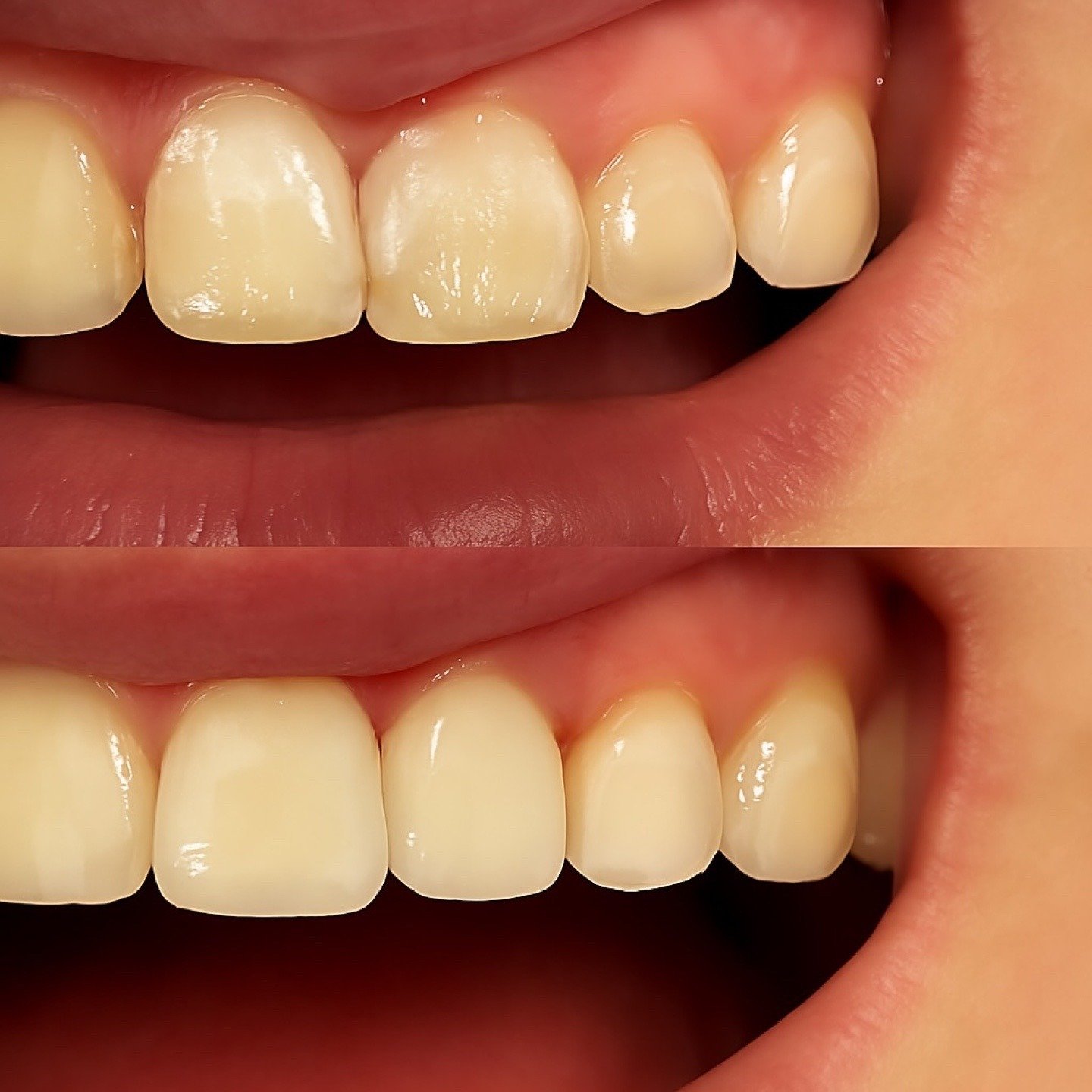 Close before and after view of a subtle front-tooth restoration by Dr. Florina Menina