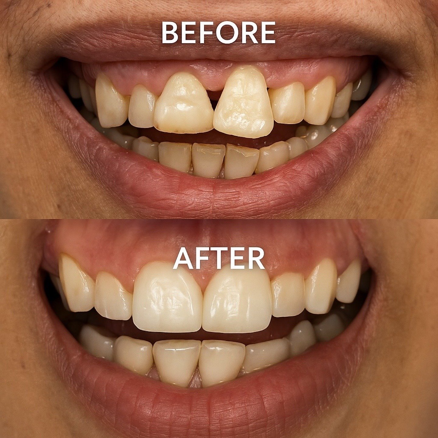 Before and after smile view showing restored front-tooth shape and symmetry by Dr. Florina Menina at Star Dental in Denver