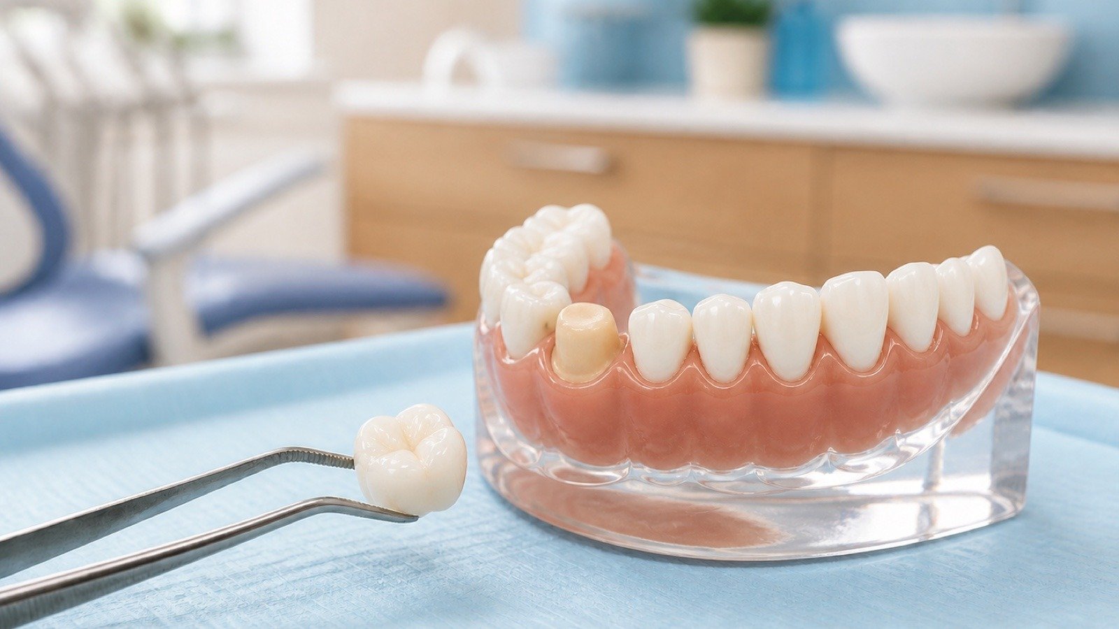 Intact temporary dental crown beside a prepared posterior tooth model in a dental office