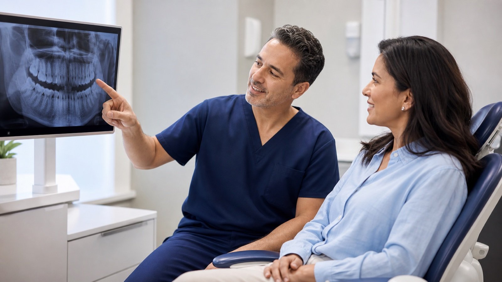 Dentist reviewing a dental X-ray with an adult patient before a tooth extraction
