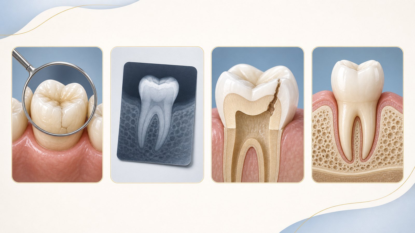 Illustration of the examination, dental X-ray, remaining tooth structure and bone support considered when evaluating a tooth.