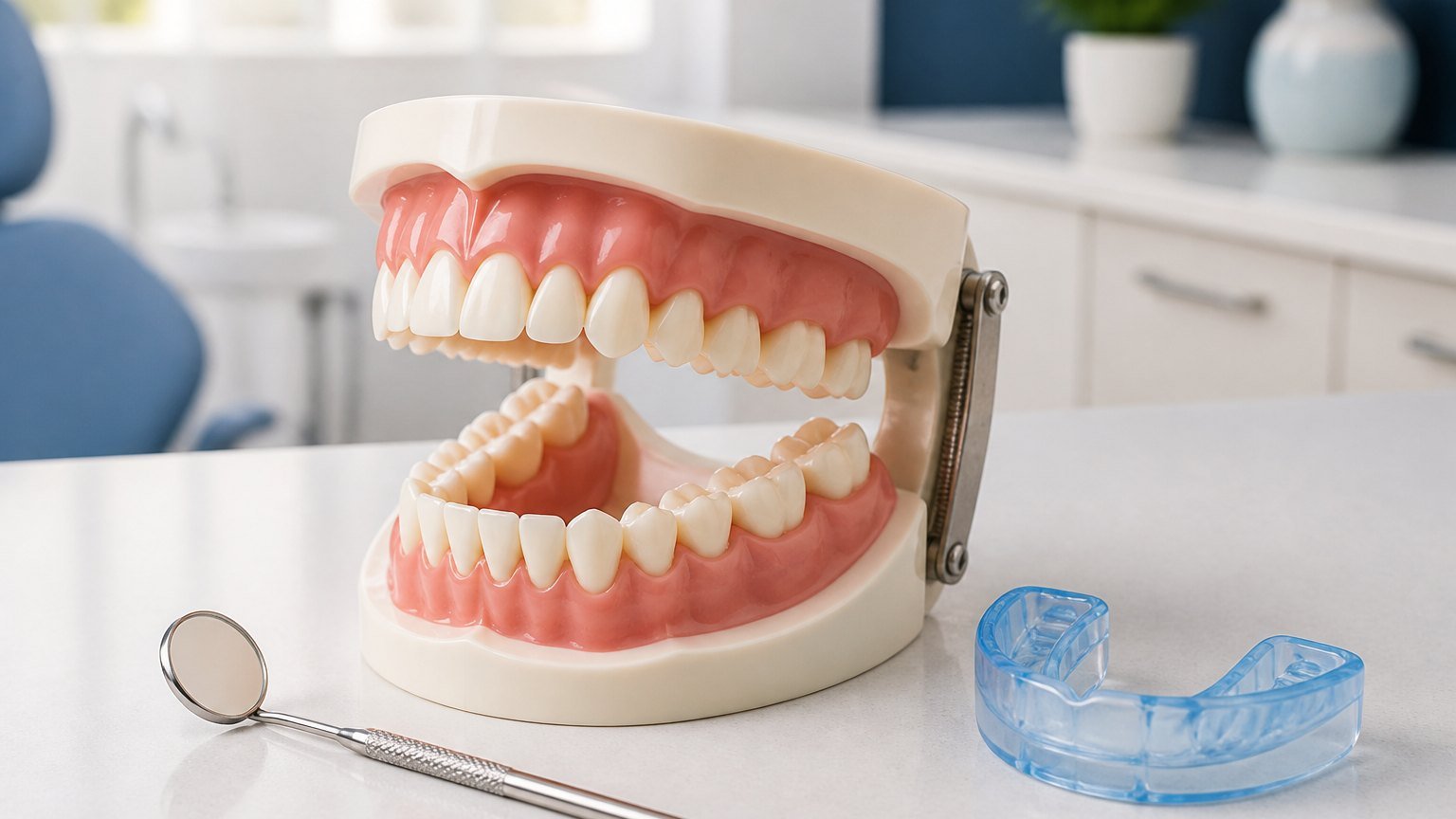 Adult dental jaw model with posterior teeth, mirror and blue dental appliance