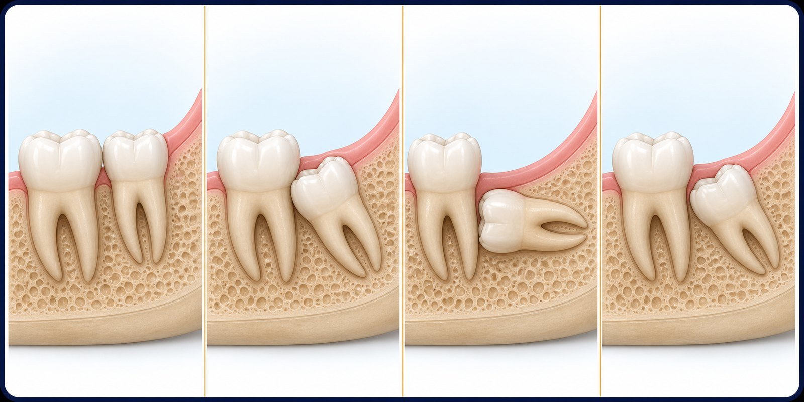 Four educational views showing upright, forward-angled, horizontal and backward-angled lower wisdom tooth positions
