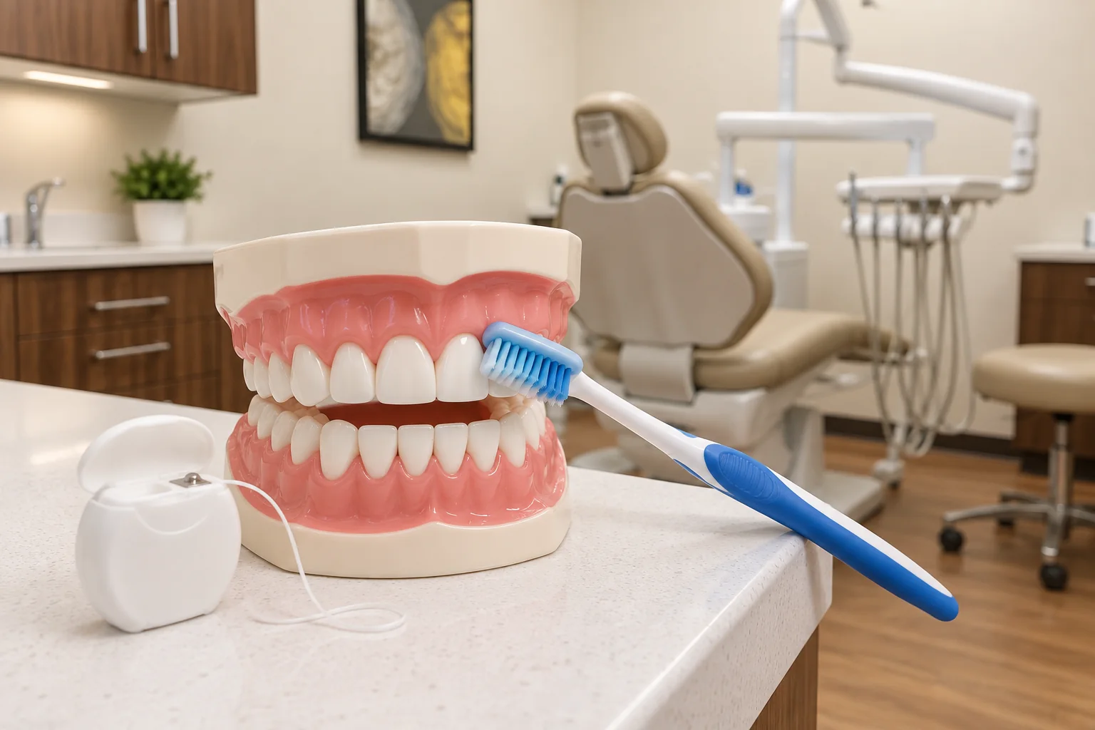 Dental model with a soft toothbrush at the gumline and floss on a clean treatment-room counter.