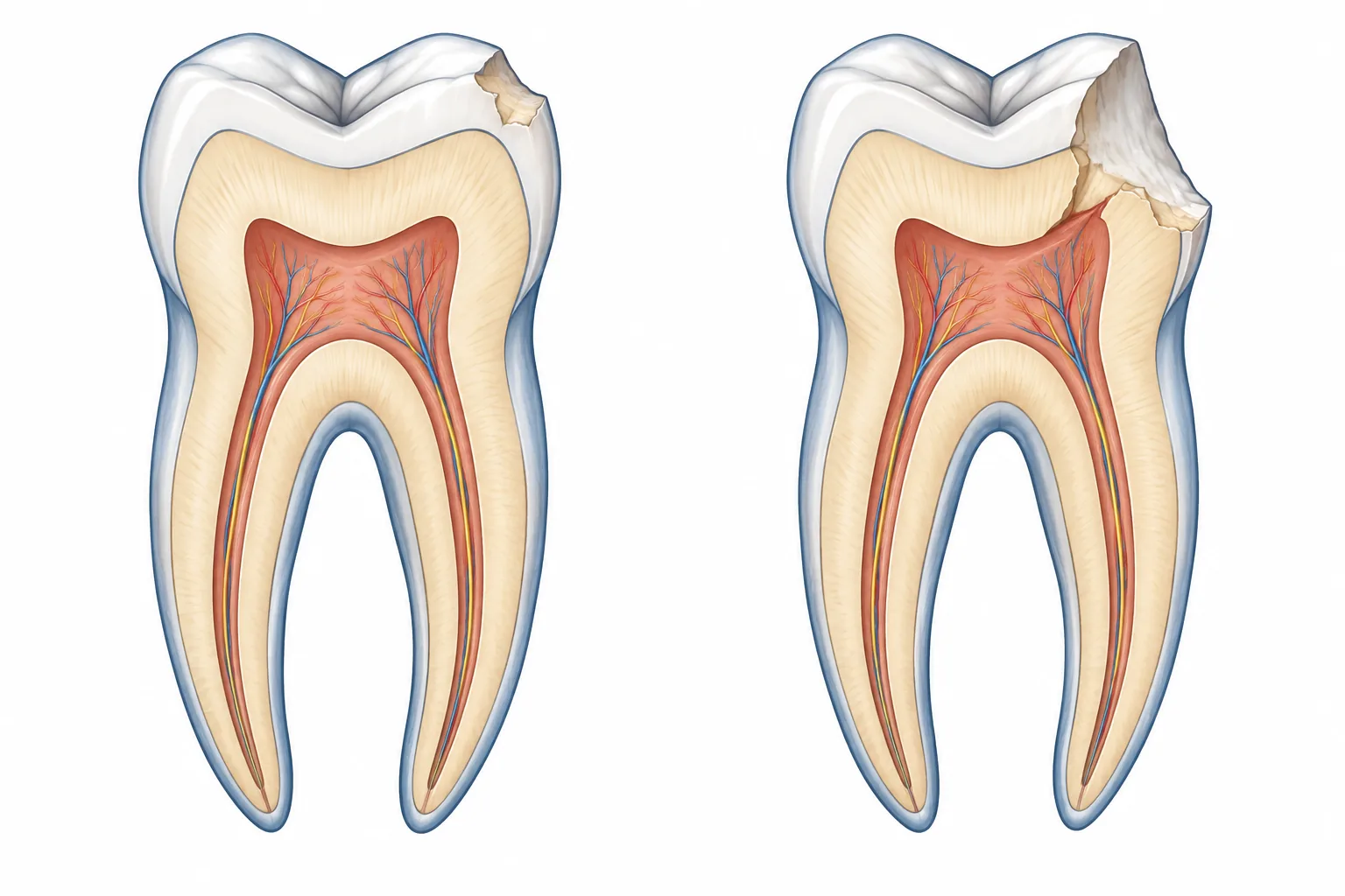 Illustrative molar cutaways showing a smaller broken corner beside a deeper fracture.