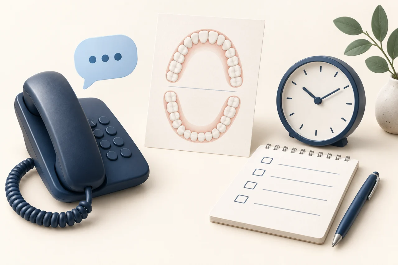 Illustration of a telephone, upper and lower tooth diagram, clock and symptom checklist.