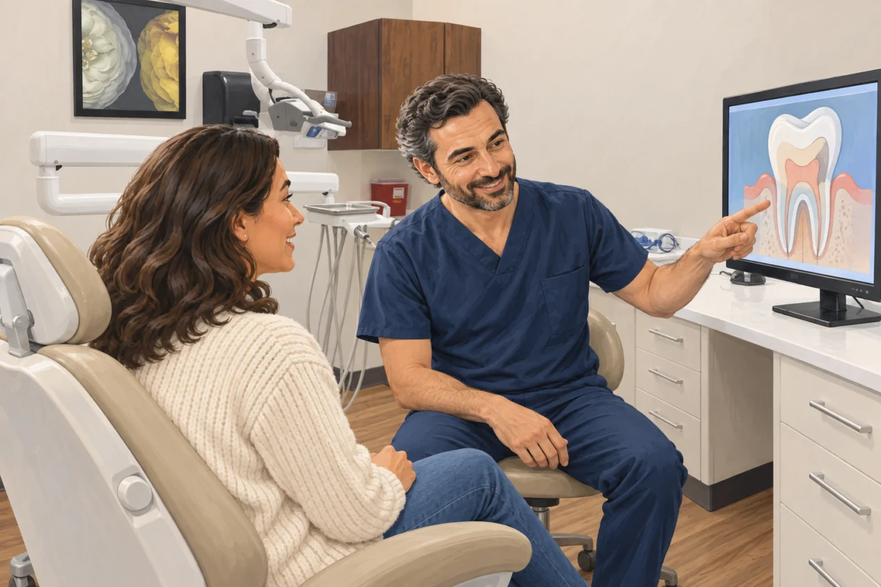 Illustration of a dentist explaining a tooth diagram in a room inspired by Star Dental’s treatment rooms.