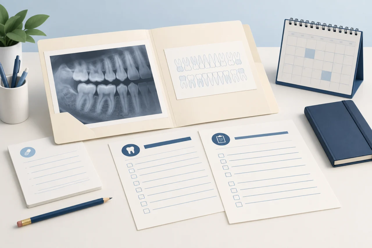 Illustration of dental records, estimate checklists and a calendar for planning appointments.