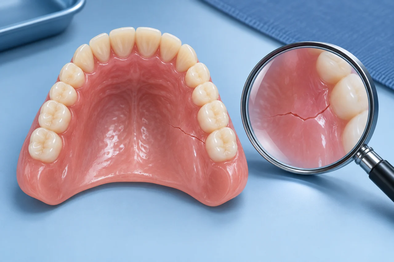 Illustration of a cracked denture being examined before deciding whether it can be repaired.