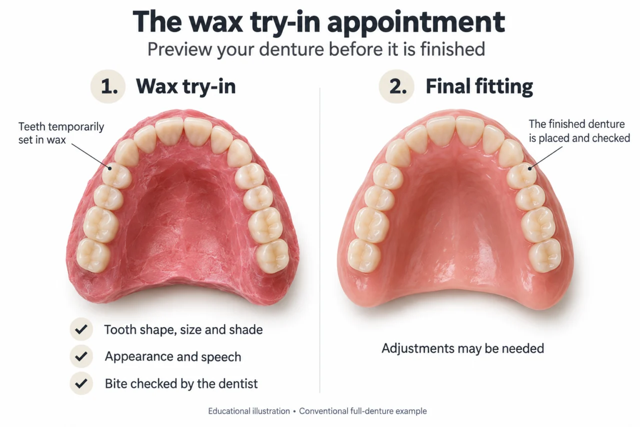 Educational illustration comparing a denture wax try-in with a finished denture.