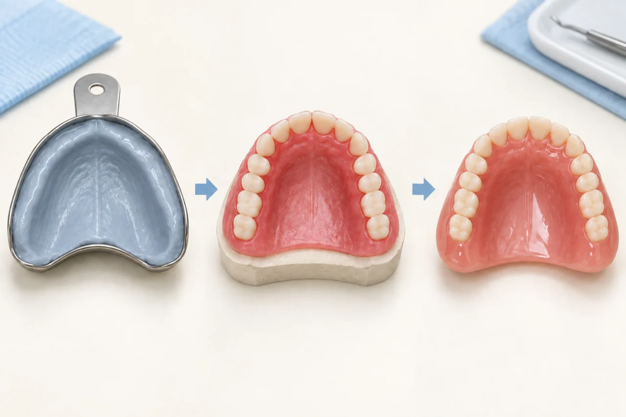 Illustration of an impression, a wax try-in and a finished conventional full denture.
