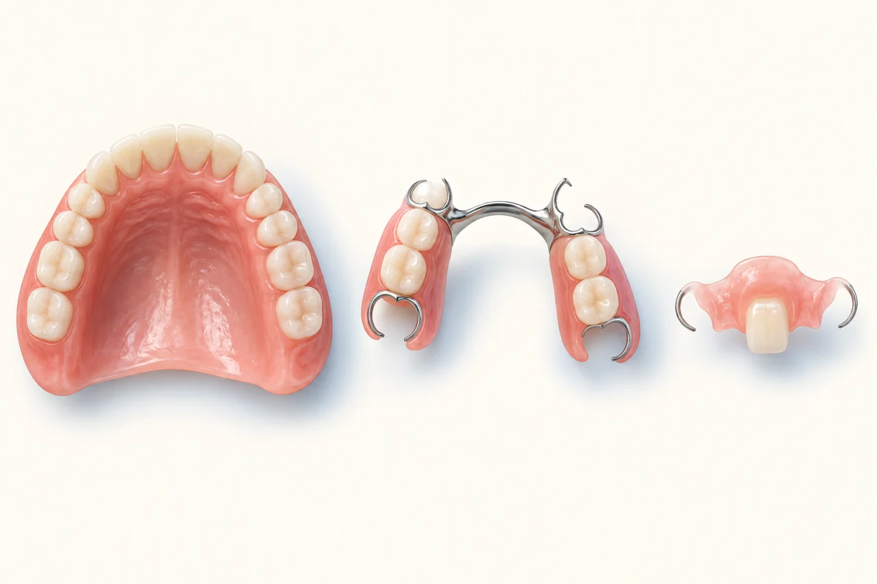 Educational comparison of a full upper denture, a partial denture and a single-tooth flipper.