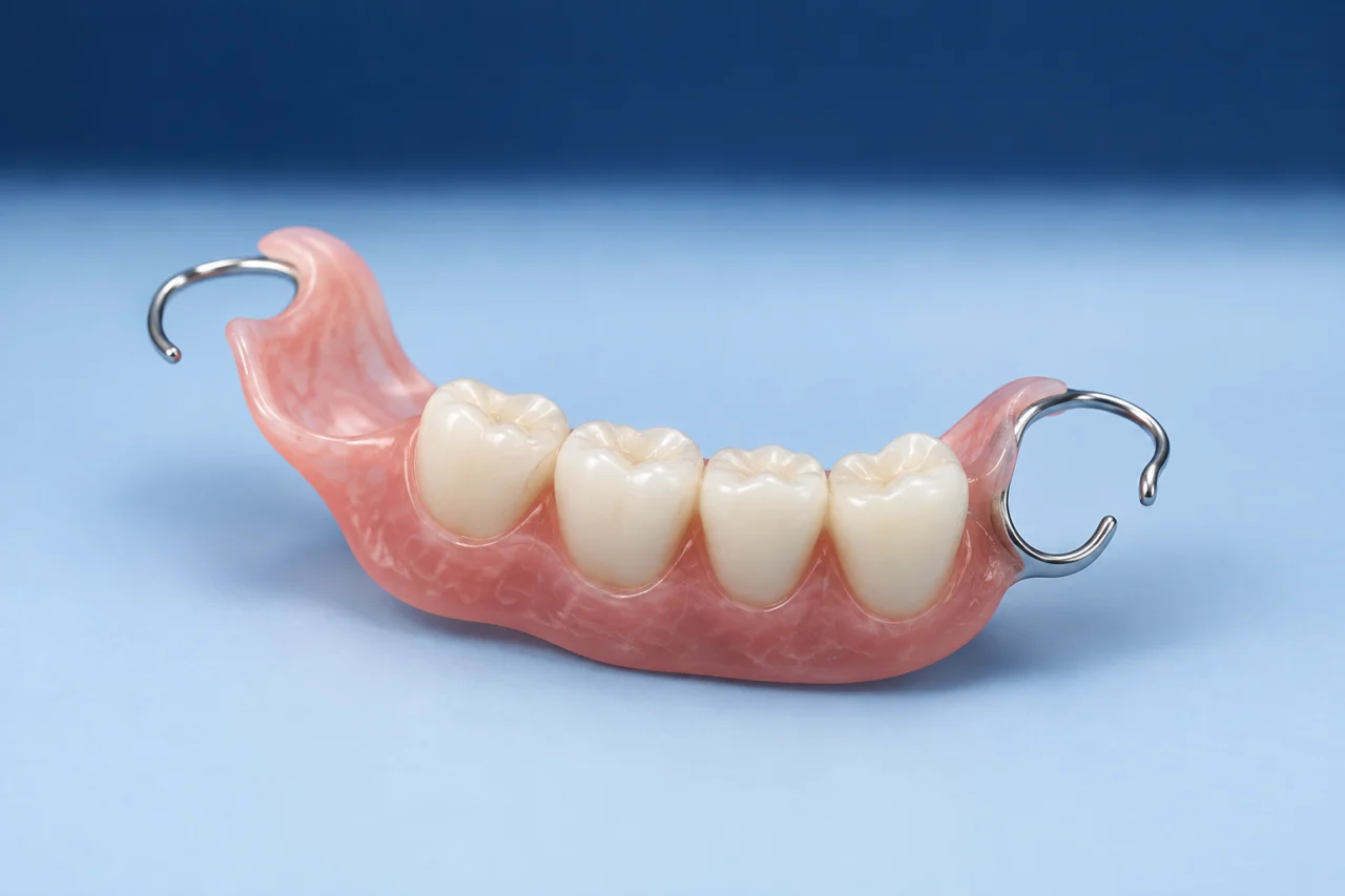 Illustration of a removable partial denture with replacement teeth and supporting clasps.