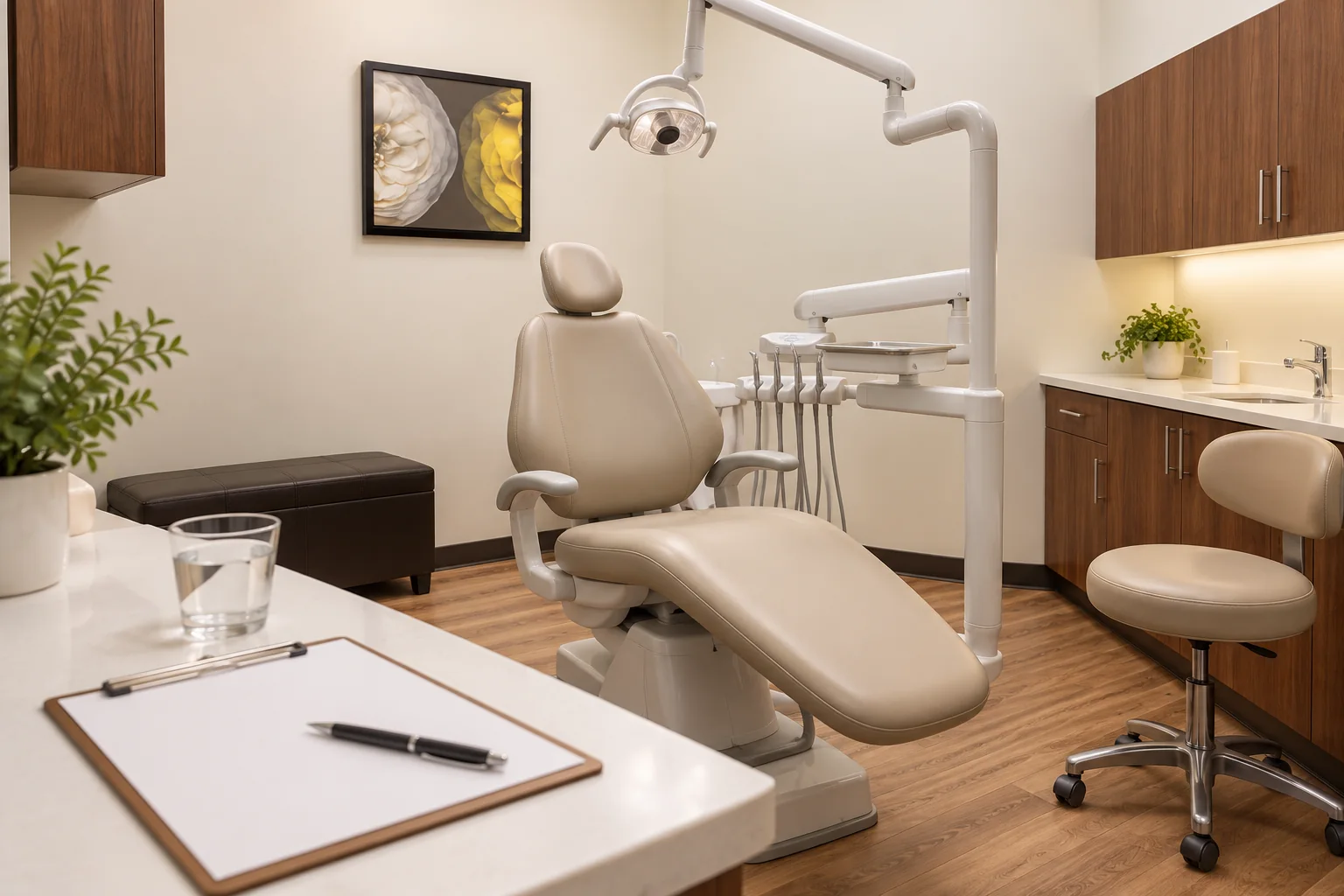 Welcoming dental treatment room with a cream chair, wood cabinets and a clipboard ready for a first visit.