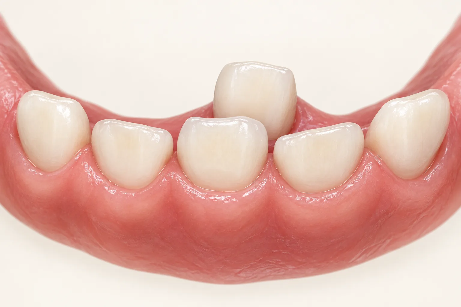 Simplified illustration of a permanent lower front tooth emerging behind a baby tooth.