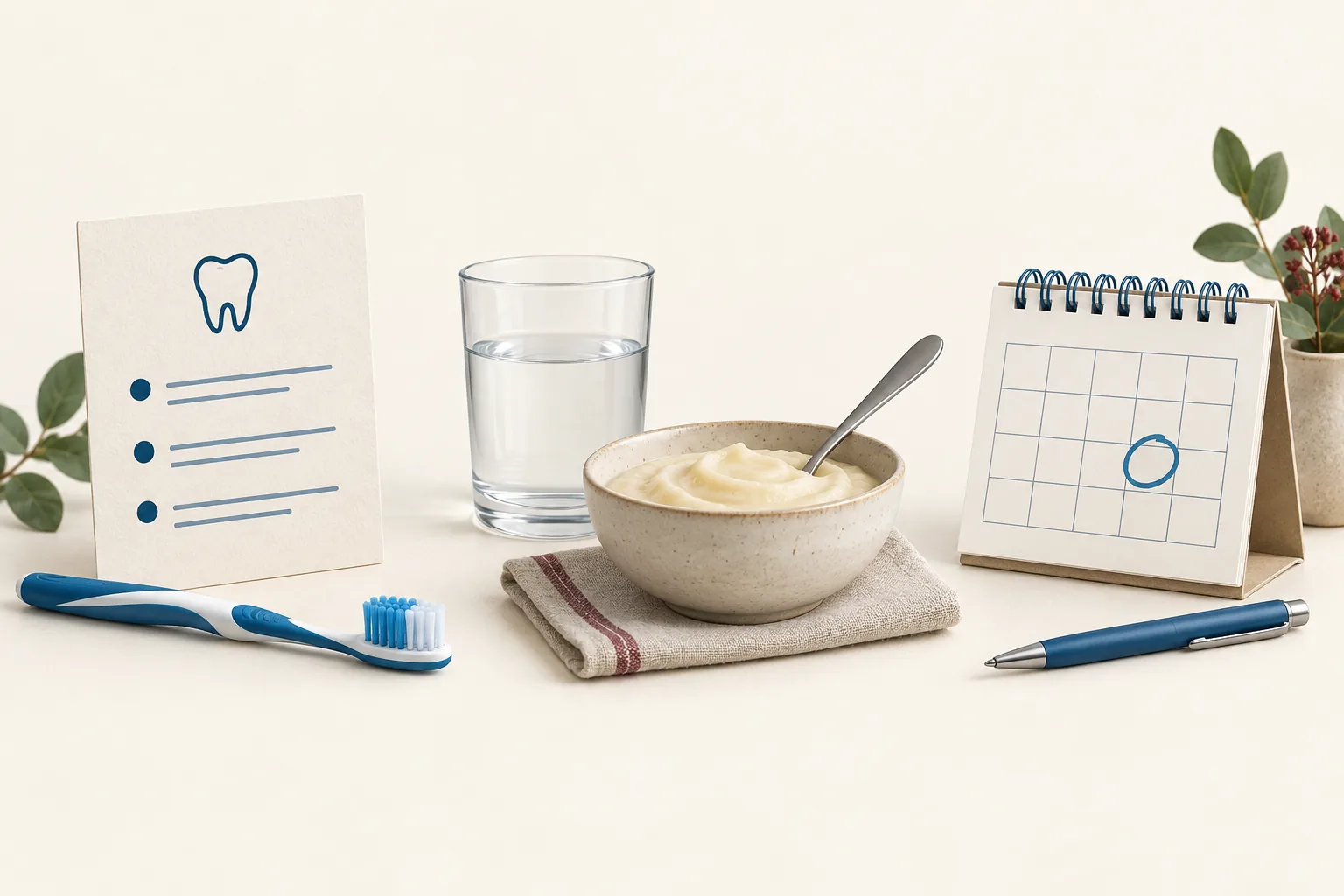 Soft toothbrush, water, soft food, written care instructions and a calendar arranged as reminders for deep-cleaning aftercare.