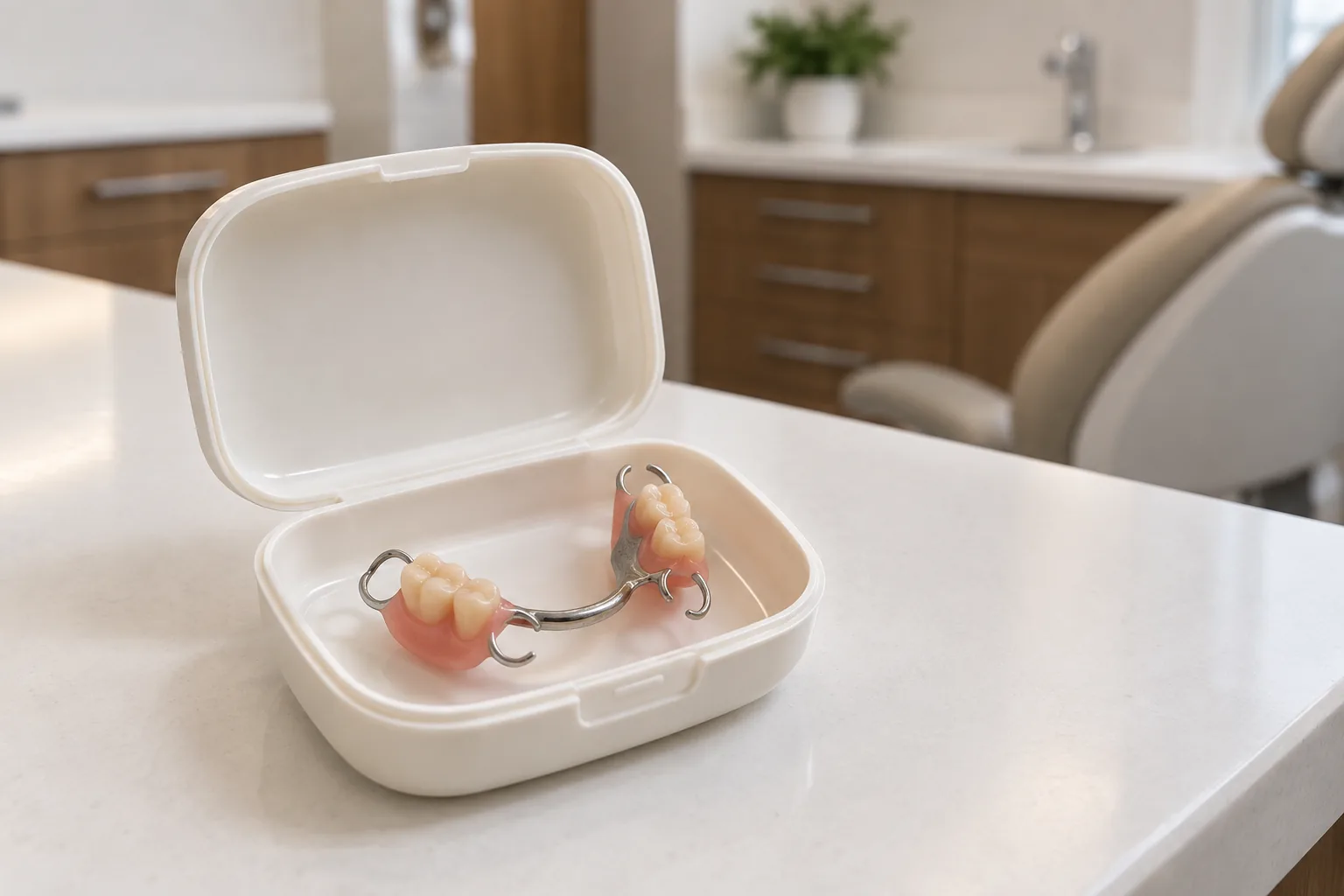 Illustrative partial denture in an open protective storage case.