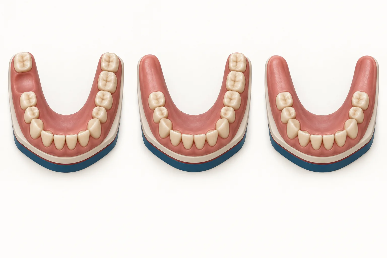 Three lower-arch teaching models show a gap between teeth, a back-tooth gap on one side, and back-tooth gaps on both sides.