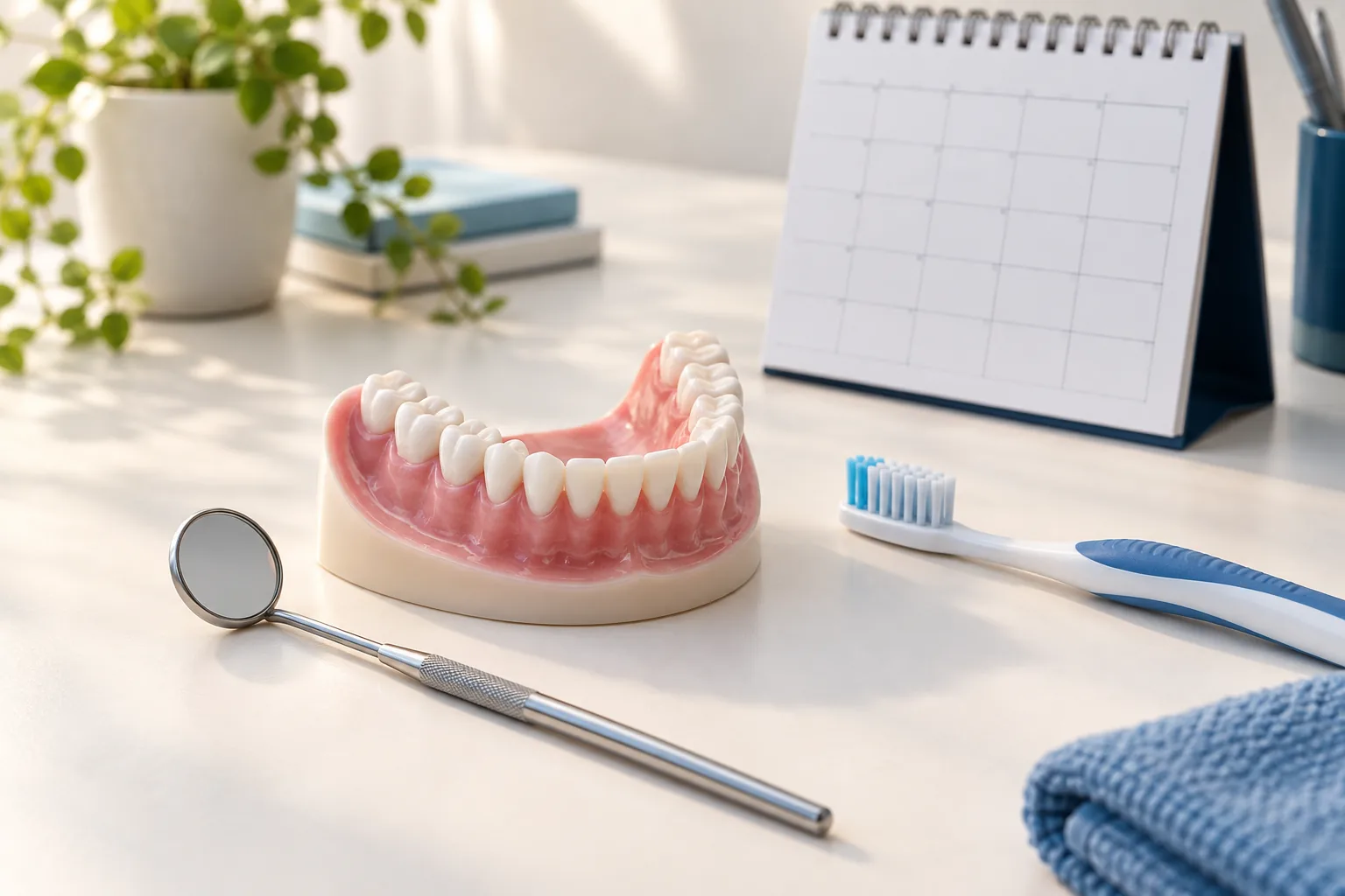 Dental teaching model, mirror, toothbrush and blank appointment calendar illustrating ongoing gum care.