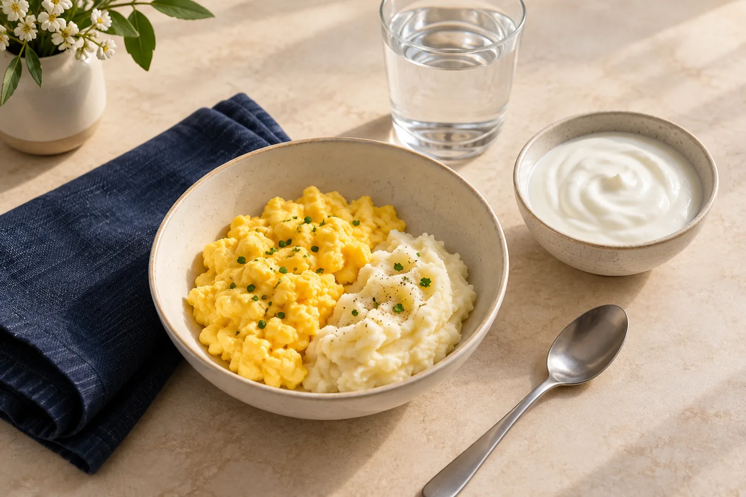 Soft scrambled eggs, mashed potato, plain yogurt and water arranged as gentle meal choices.