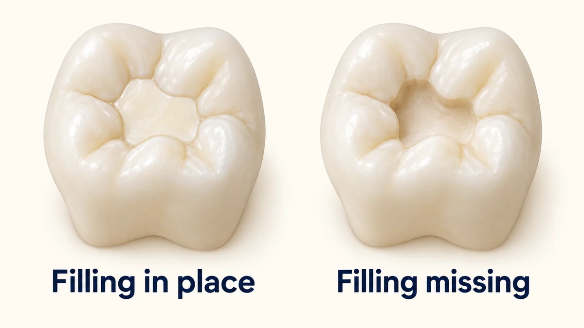 Illustration comparing a molar with a tooth-colored filling and the same model with the filling missing.