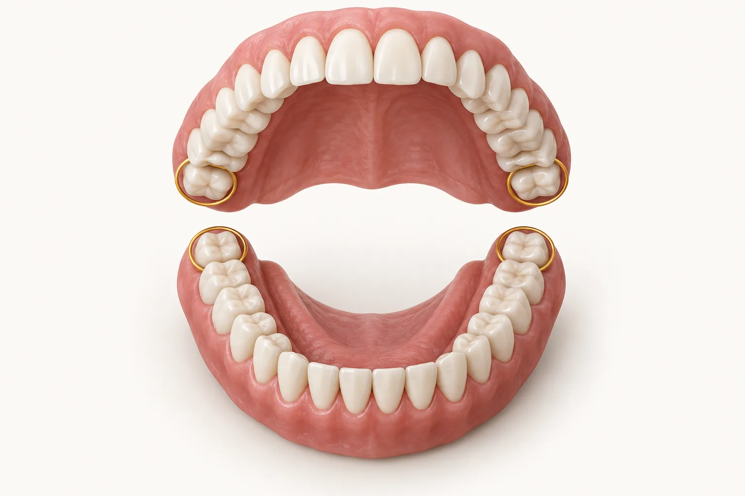 Upper and lower dental arches with the four wisdom teeth at the back highlighted.