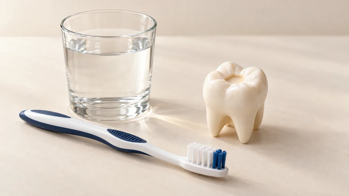 Toothbrush and water beside an illustrative molar model with a missing filling.