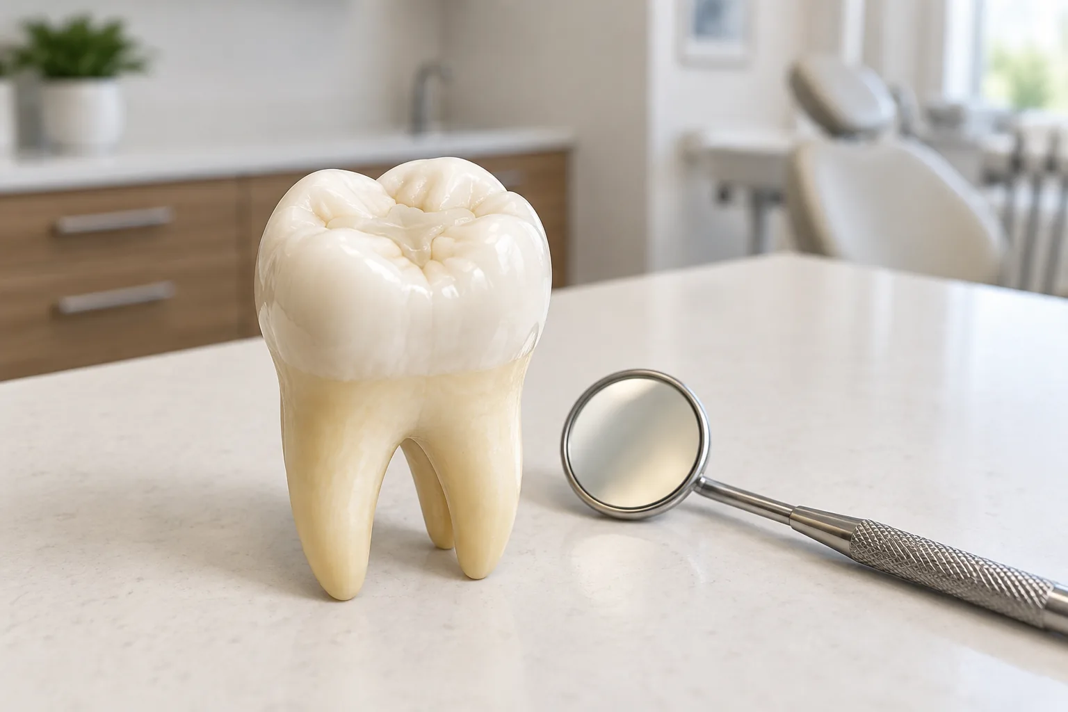Illustrative molar model with a tooth-colored filling beside a dental mirror.