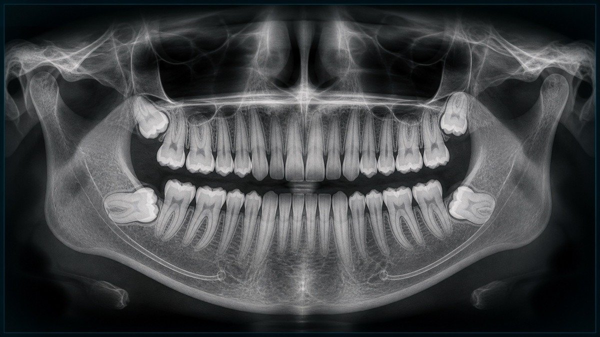 Educational panoramic-style illustration showing four wisdom teeth in different positions