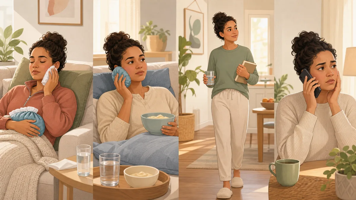 Illustrated wisdom-teeth recovery journey showing rest, a cold pack, soft foods, gradual return to activity, and calling the dental office for worsening symptoms
