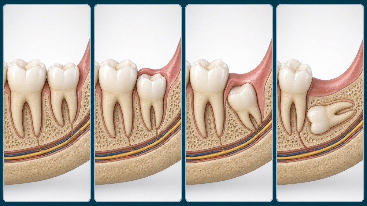 Four educational jaw views comparing erupted and impacted wisdom teeth