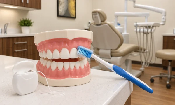 Dental model with a soft toothbrush at the gumline and floss on a clean treatment-room counter.