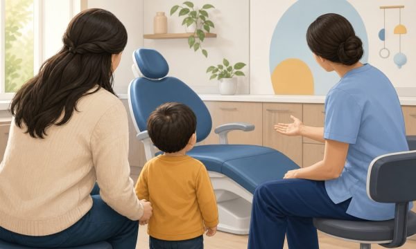 Caregiver and young child meeting a dentist in a child-friendly exam room.